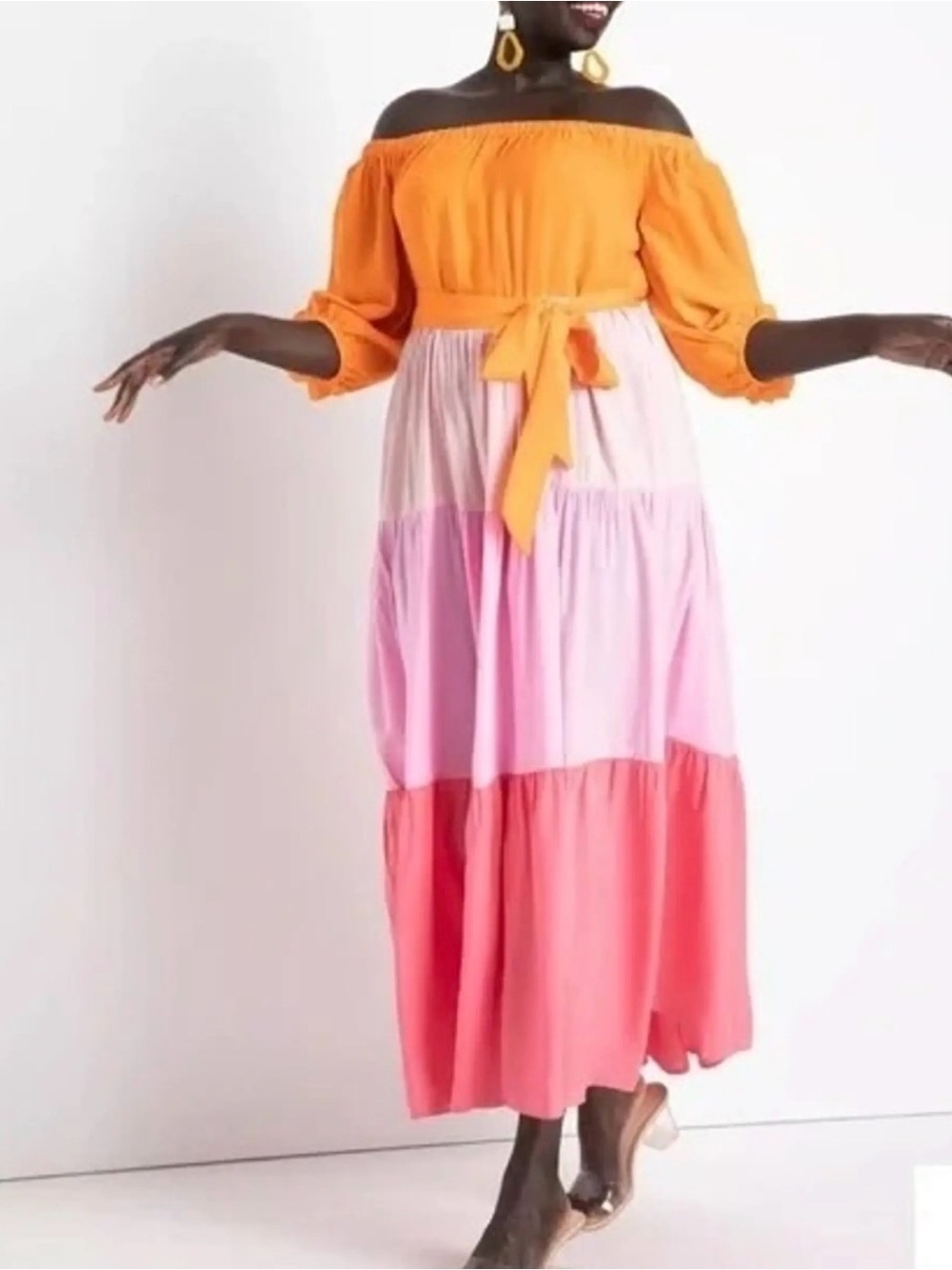 Eloquii Off-Shoulder Colorblock Tiered Maxi Dress in Orange, Pink, Coral
